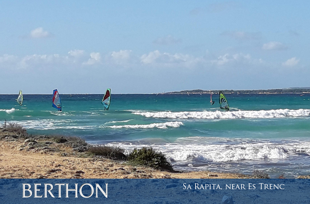 View of sea and windsurfers at Sa Rapita near Es Trenc